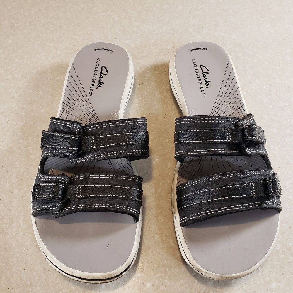 Clarks Cloudsteppers Breeze Piper Black Comfort Slide Sandals Women’s US 8
